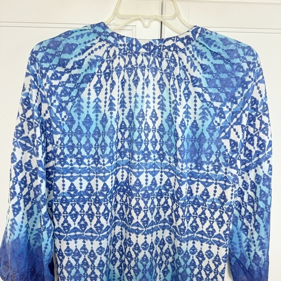 BeachLunchLounge Blue/White Boho Ikat Blouse Peasant Beachy Lightweight Medium - Picture 8 of 13